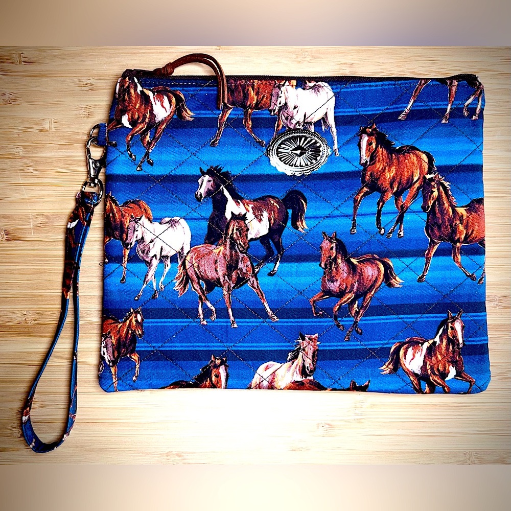Blue Horse Print Clutch Wristlet